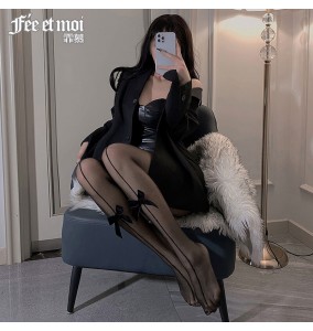 FEE ET MOI - Bow Open-Crotch Pantyhose (Black - Black)